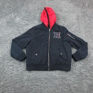 Tommy Hilfiger Jacket Mens Large Blue Hooded Bomber H Logo Tommy Patch Varsity